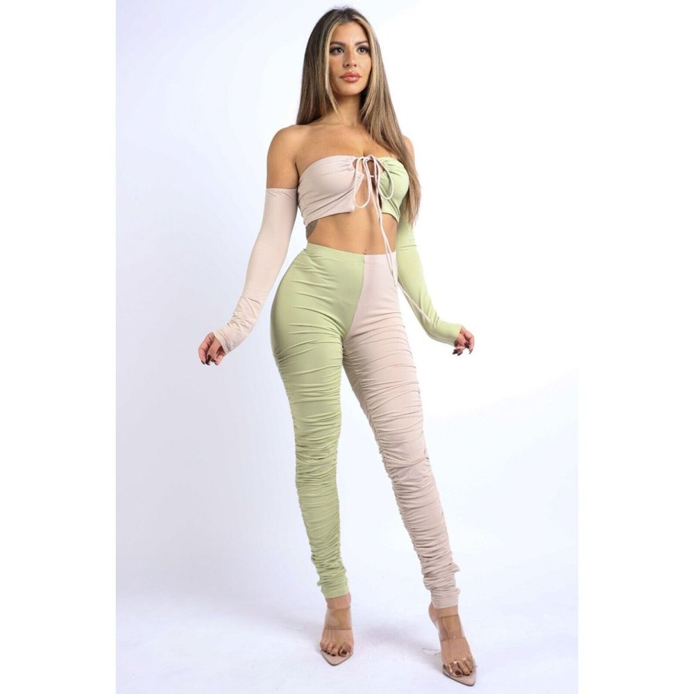Women's Sexy Cold Shoulder Color Blocked Ruched Two Piece Set Party Club Daily